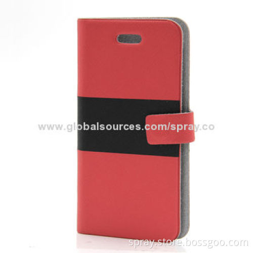 Classic Red and Black Stripe Flip Design Leather Magnetic Case Covers for iPhone 4/4S, No Stitching
